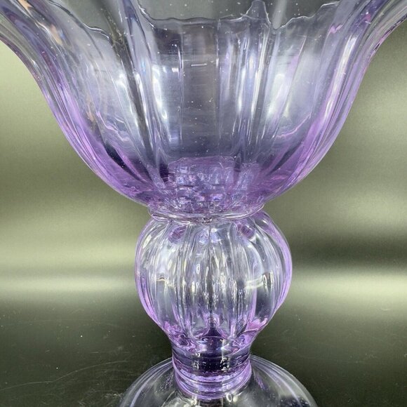 Large Hand Blown Pedestal Bright Purple Lilac Glass Bowl Footed Vase Vintage - Picture 5 of 16